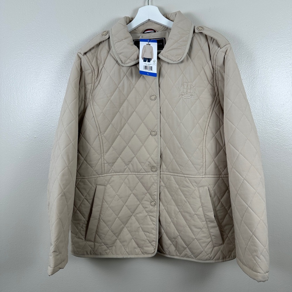 Tommy Hilfiger Womens L Quilted Jacket Beige Diamond Stitch Peter Pan Collar NEW